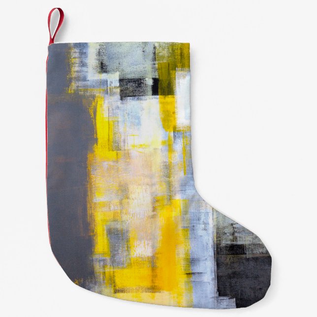 Calcetín Navideño Pequeño Resumen de pintura de arte abstracto gris y amaril (Anverso)