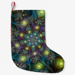 Calcetín Navideño Pequeño Resumen ilustrado brillante arte fractal púrpura V