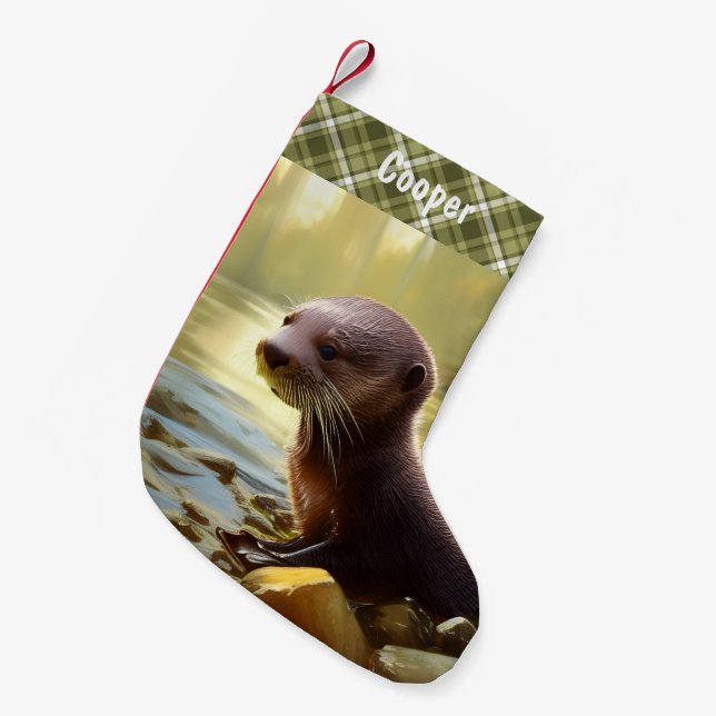 Calcetín Navideño Pequeño Retrato de vida silvestre Baby Otter Personalizado (Frente (Colgado))