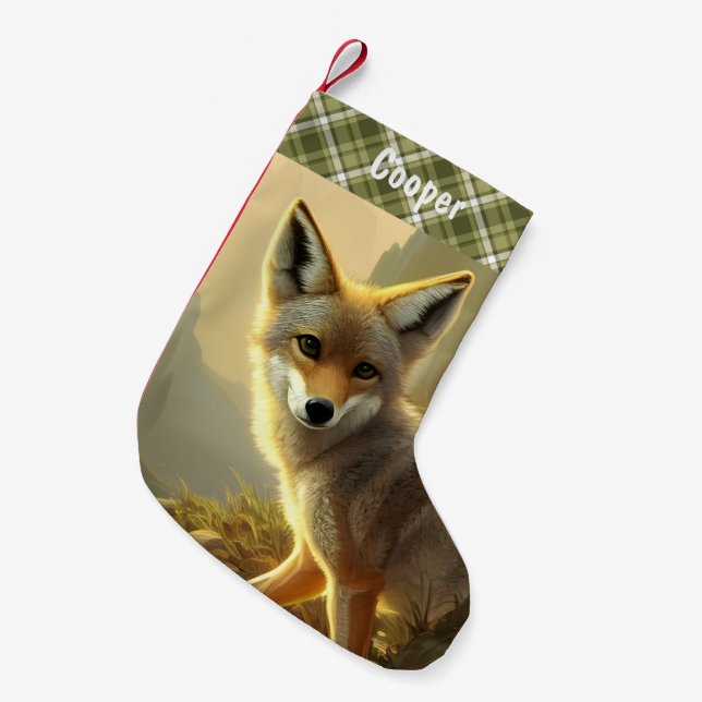 Calcetín Navideño Pequeño Retrato de vida silvestre Coyote Pup Personalizado (Frente (Colgado))