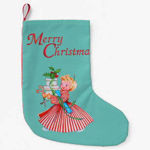 Calcetín Navideño Pequeño Retro Chica y presenta Feliz Navidad