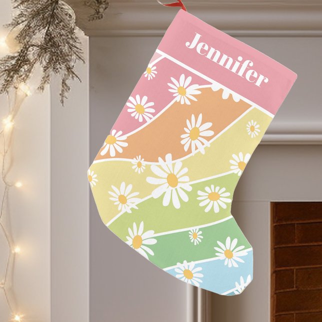 Calcetín Navideño Pequeño Retro Daisy Flor Tiras Pastel Monograma (Subido por el creador)
