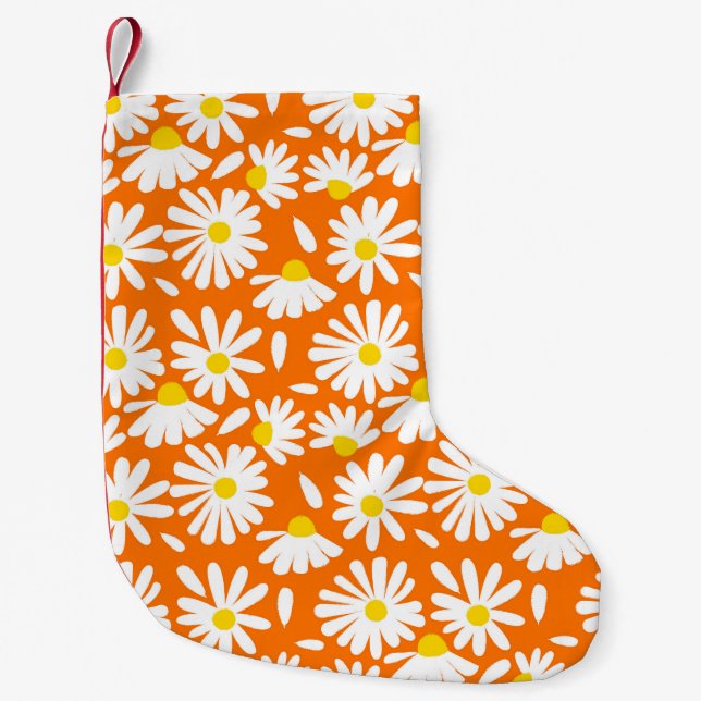 Calcetín Navideño Pequeño Retro daisy floral: cosecha naranja. (Anverso)