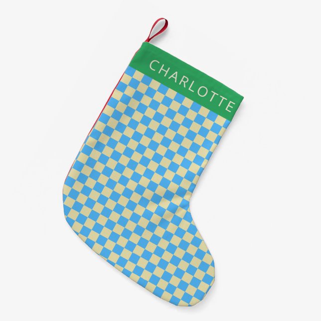 Calcetín Navideño Pequeño Retro estético Checkerboard Blue Personalizado (Frente (Colgado))
