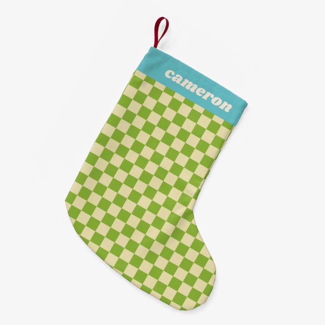 Calcetín Navideño Pequeño Retro Green Blue Checkerboard Personalized Name (Frente (Colgado))