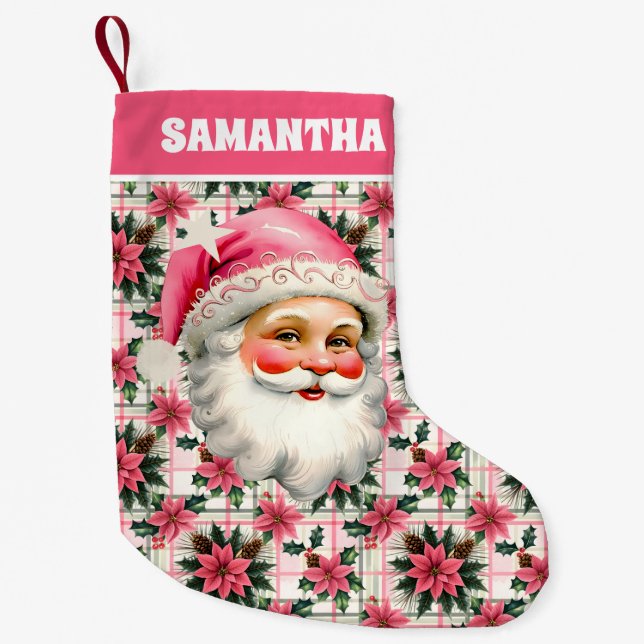 Calcetín Navideño Pequeño Retro Rosa Santa Claus Navidades Floral Plaid