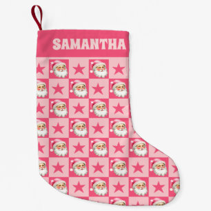 Calcetín Navideño Pequeño Retro Rosa Santa Claus Pink Tartan Plaid
