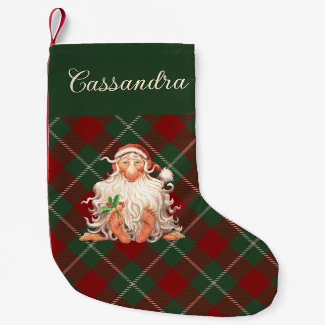 Calcetín Navideño Pequeño Retro Santa Tartan Plaid con nombre (Anverso)