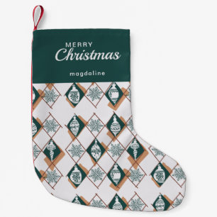Calcetín Navideño Pequeño Retro Verde Rojo Feliz Navidad Botánica
