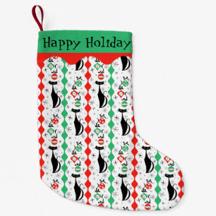Calcetín Navideño Pequeño Retro Xmas Cat Stripe Multi Happy Holidays de dos 