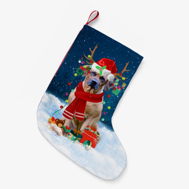 Calcetín Navideño Pequeño Rhodesian Ridgeback perro con regalos de Navidades (Frente (Colgado))