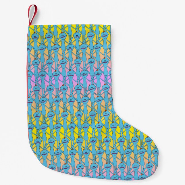 Calcetín Navideño Pequeño RIQUEZA Y MORTY™| Patrón Arcoiris Sr. Meeseeks (Anverso)