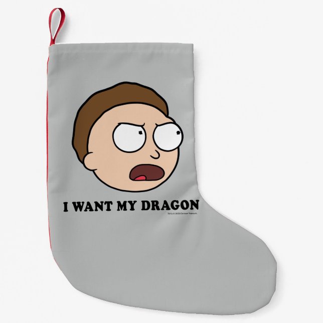Calcetín Navideño Pequeño RIQUEZA Y MORTY™| Quiero mi dragón (Anverso)