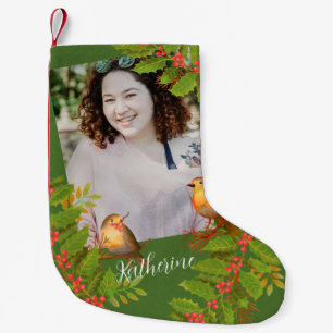 Calcetín Navideño Pequeño Robin Birds Holly Berry Green