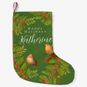 Calcetín Navideño Pequeño Robin Birds Holly Berry Green