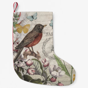 Calcetín Navideño Pequeño Robin Elegant Bird Butterfly Arte Francés