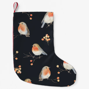 Calcetín Navideño Pequeño Robins, bayas de rowan, acuarela de invierno.