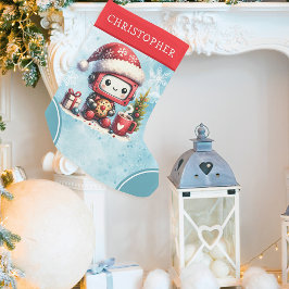 Calcetín Navideño Pequeño Robot personalizado azul y rojo
