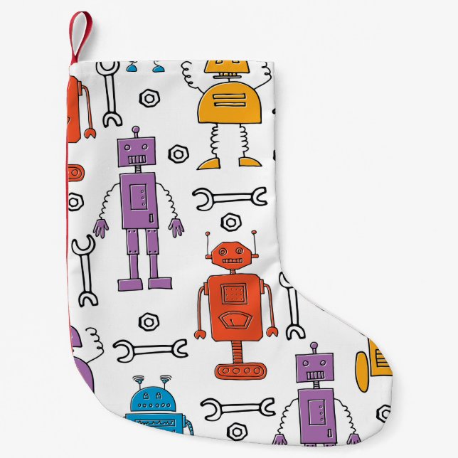 Calcetín Navideño Pequeño Robots de garabatos. Patrón sin foco. Personalizad (Anverso)