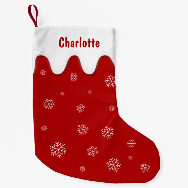 Calcetín Navideño Pequeño Rojo levantándose con Navidades de copas de nieve  (Anverso)