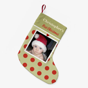 Calcetín Navideño Pequeño Rojo y verde con la foto y el nombre primero