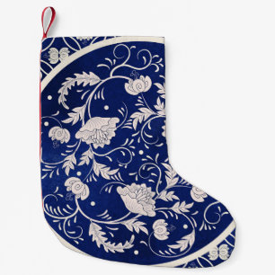 Calcetín Navideño Pequeño Ronda floral china: cosecha de color azul