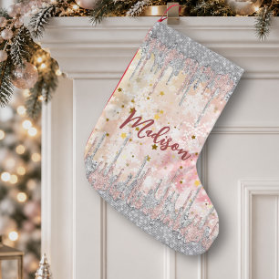 Calcetín Navideño Pequeño Rosa dorada plateada elegante que gotea brillo