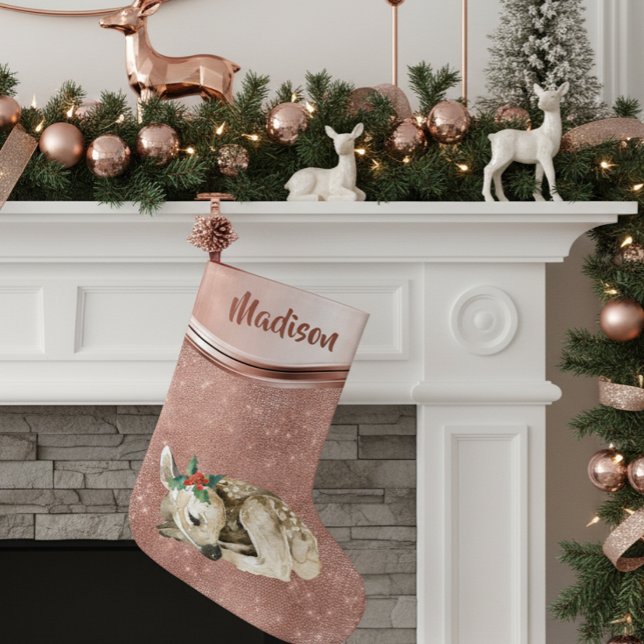 Calcetín Navideño Pequeño Rosa Gold Sparkle Deer Fawn Personalizado (Subido por el creador)