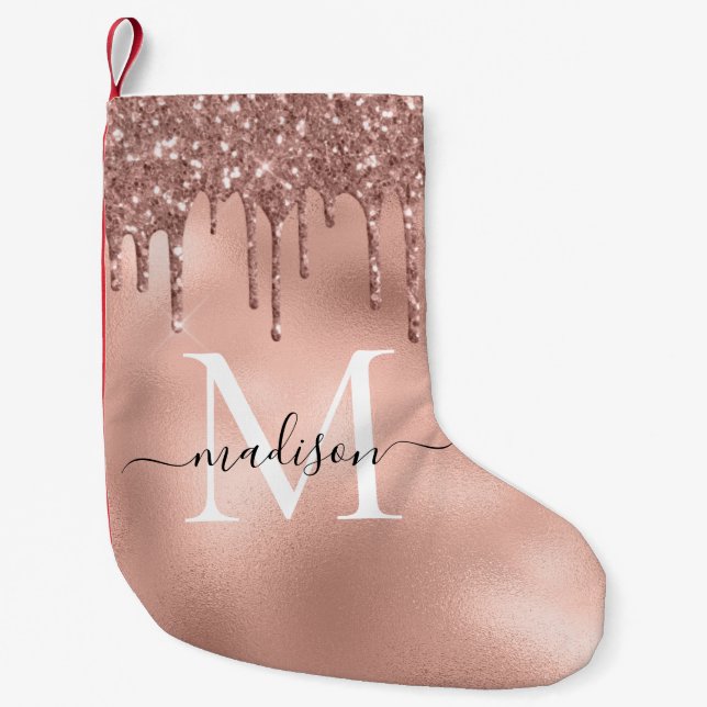Calcetín Navideño Pequeño Rosa metálico monogramo Perforaciones de Purpurina (Anverso)