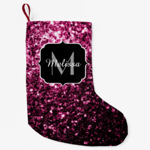 Calcetín Navideño Pequeño Rosa oscuro monograma con brillo falso brillante