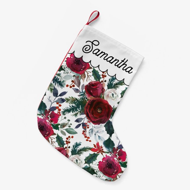 Calcetín Navideño Pequeño Rosas de Borgoña, Pine, Floral de Navidades Holly (Frente (Colgado))