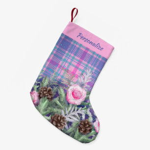 Calcetín Navideño Pequeño Rosas de Tartán Rosa Azul Personalizadas Conos de