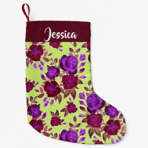 Calcetín Navideño Pequeño Rosas morados en amarillo