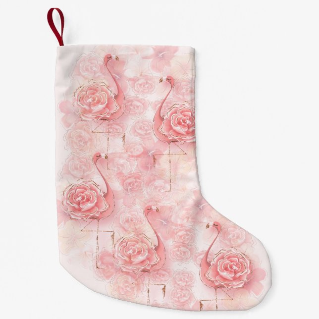 Calcetín Navideño Pequeño Rosas rosados tropicales de los flamencos rosados (Anverso)