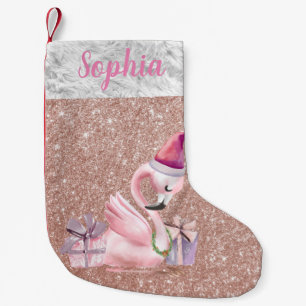 Calcetín Navideño Pequeño Rose Gold Glitter Flamenco Personalizado de Vacaci