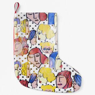 Calcetín Navideño Pequeño Rostros de mujeres abstractas, puntos de polka acu