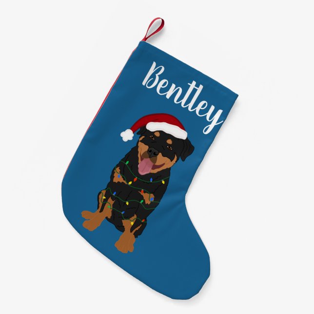 Calcetín Navideño Pequeño Rottweiler de Navidades personalizados (Frente (Colgado))