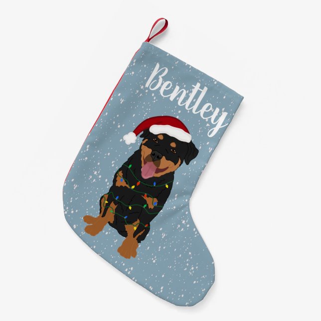 Calcetín Navideño Pequeño Rottweiler personalizado (Frente (Colgado))