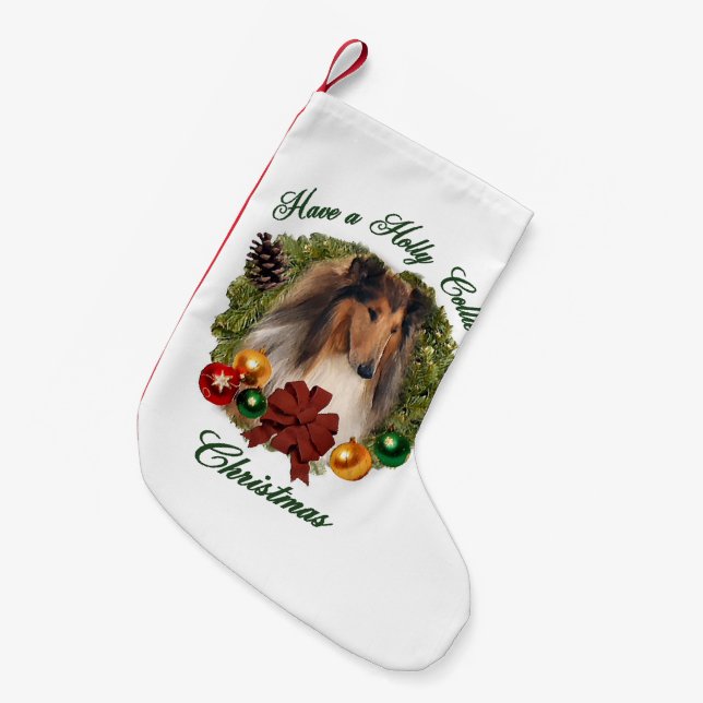Calcetín Navideño Pequeño Rough Collie Navidades (Frente (Colgado))