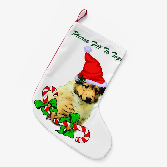 Calcetín Navideño Pequeño Rough Collie Puppy Navidades (Frente (Colgado))