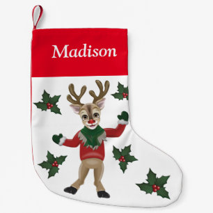 Calcetín Navideño Pequeño Rudolph, el nombre personalizado de reno rojo