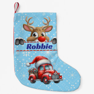 Calcetín Navideño Pequeño Rudolph Reno Cerveza de Navidad Azul y Blanco