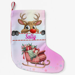 Calcetín Navideño Pequeño Rudolph Reno con Trineo de Santa - Rosa