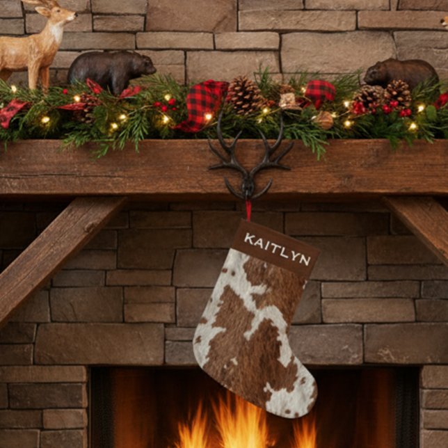 Calcetín Navideño Pequeño Rustic Cow Fur Spots Brown White  (Subido por el creador)