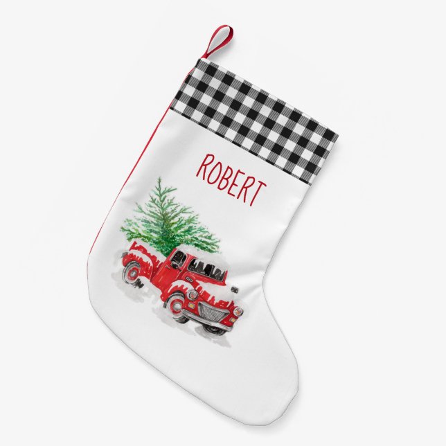 Calcetín Navideño Pequeño Rustic Gingham Plaid Red Truck (Frente (Colgado))