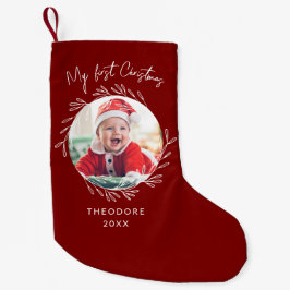 Calcetín Navideño Pequeño Rustic Wreath Leaf My first Christmas Baby Photo