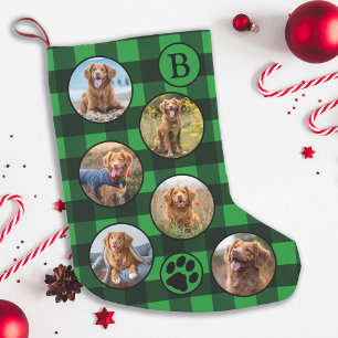 Calcetín Navideño Pequeño Rústico Green Black Plaid Fun 12 Mascota Collage 