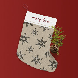 Calcetín Navideño Pequeño Rústico Patrón de copos de nieve Burlap Black Faux