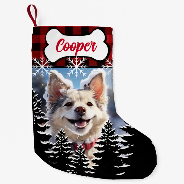 Calcetín Navideño Pequeño Rústico rojo, negro chapa de búfalo (Anverso)