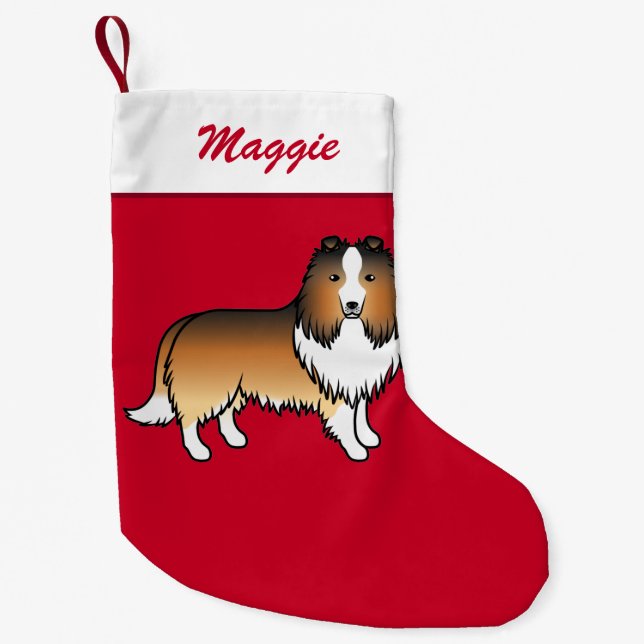 Calcetín Navideño Pequeño Sable Shetland Sheepdog Sheltie En Rojo Y Nombre (Anverso)